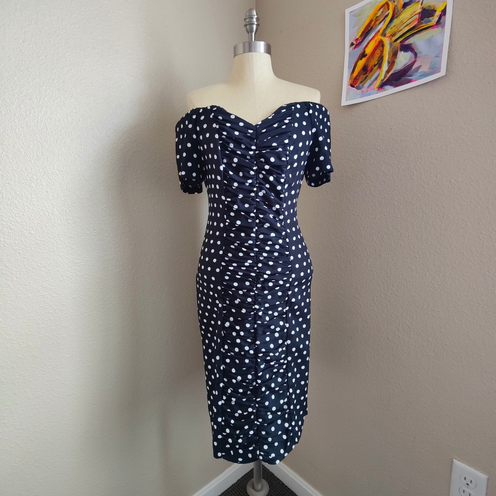 Vintage 80s E.D. Michaels Polka Dot Wiggle Dress Off Shoulder‎ Retro Party Pinup